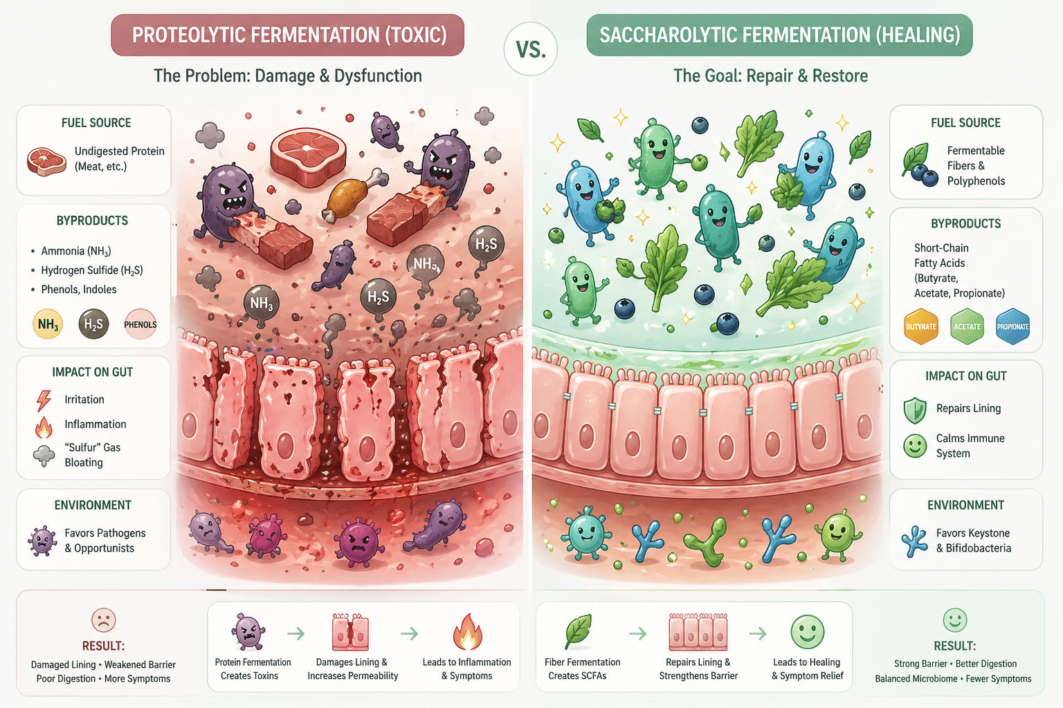 Proteolytic vs Saccharolytic fermentation comparison: damage and dysfunction versus repair and restoration of the gut lining and microbiome